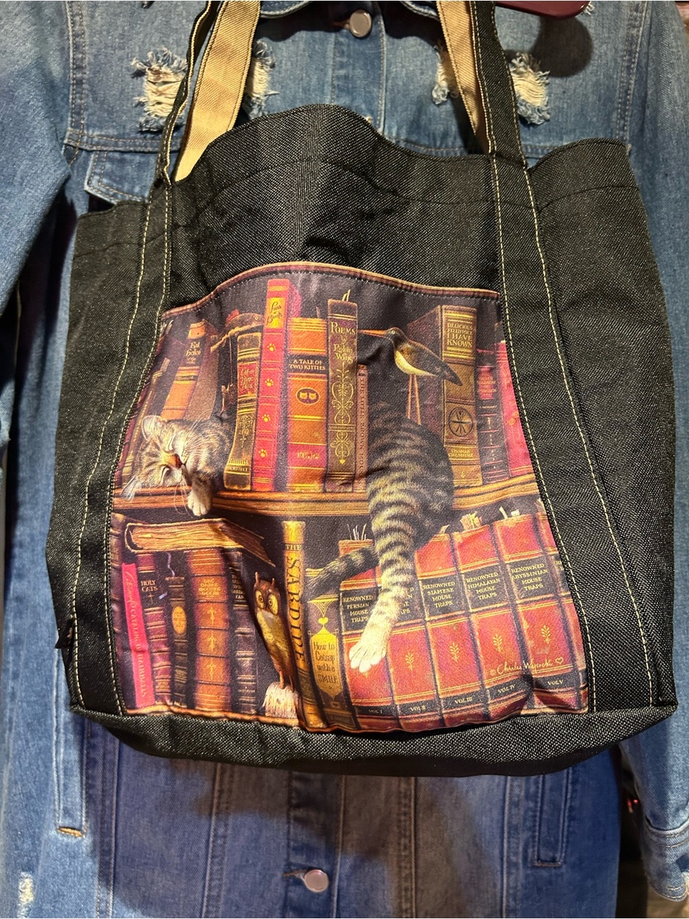 Dooney & Bourke Black Canvas Tote with Book & Cat Illustration (check Vinted)